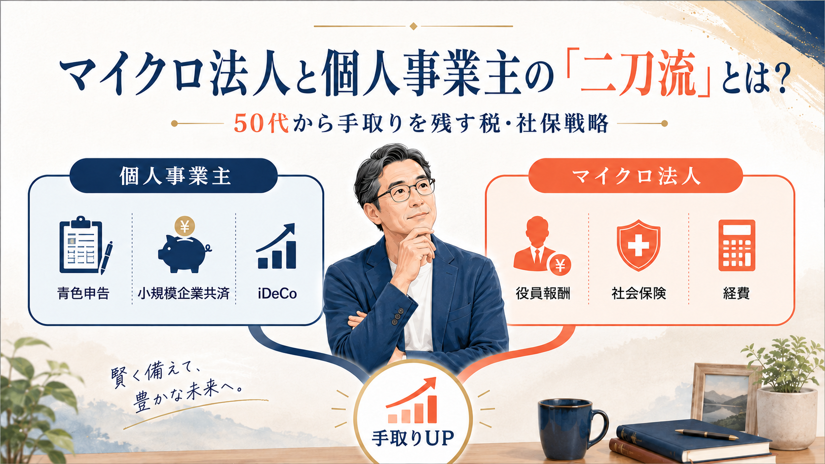 マイクロ法人と個人事業主の二刀流の仕組み図（個人＝控除／法人＝社会保険）