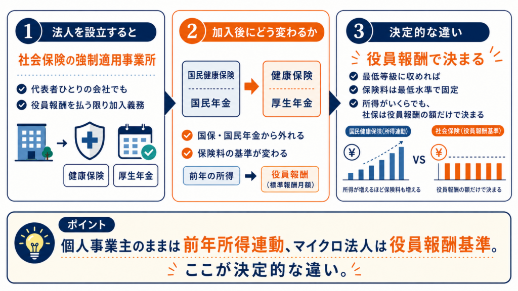 マイクロ法人にすると社会保険料の計算基準が役員報酬（標準報酬月額）に変わる仕組みの図解